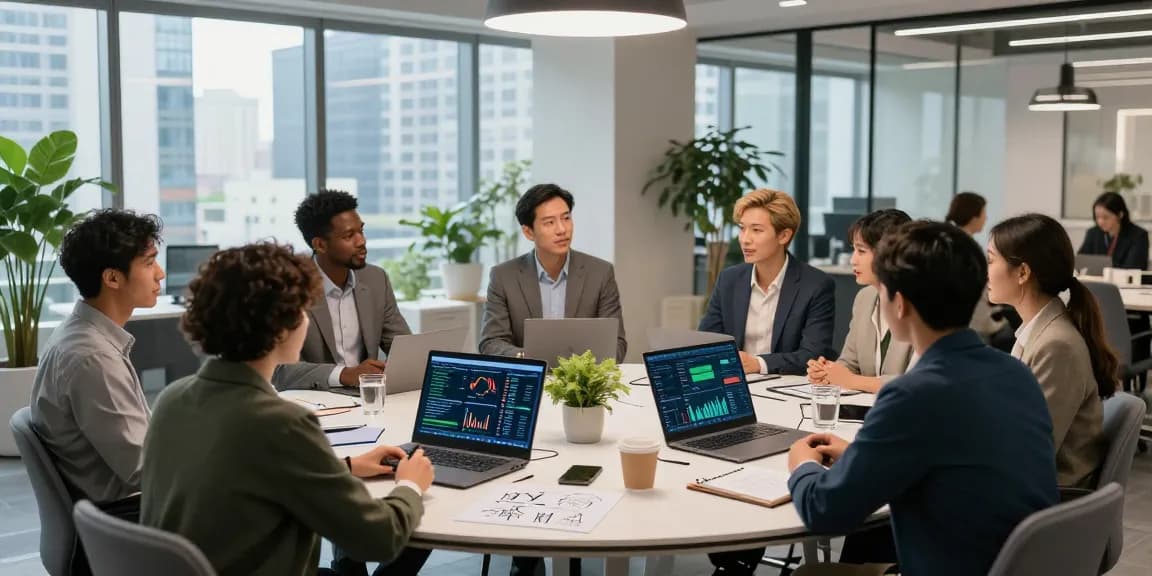 Kolaborasi bisnis balak66 dalam ruang kantor modern dengan profesional beragam berdiskusi.