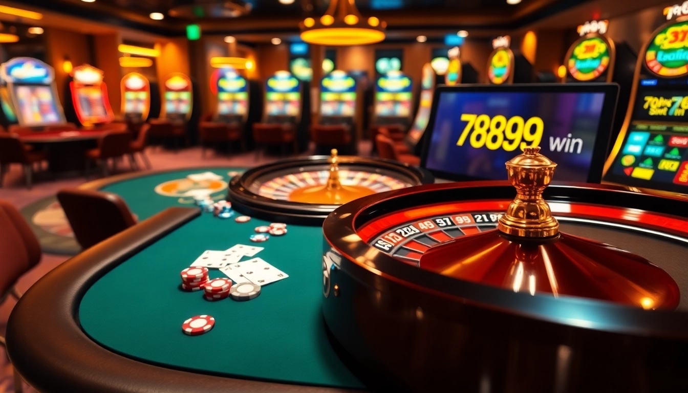 Gambling scene showcasing 789win with poker chips, roulette wheel, and vibrant slot machines.