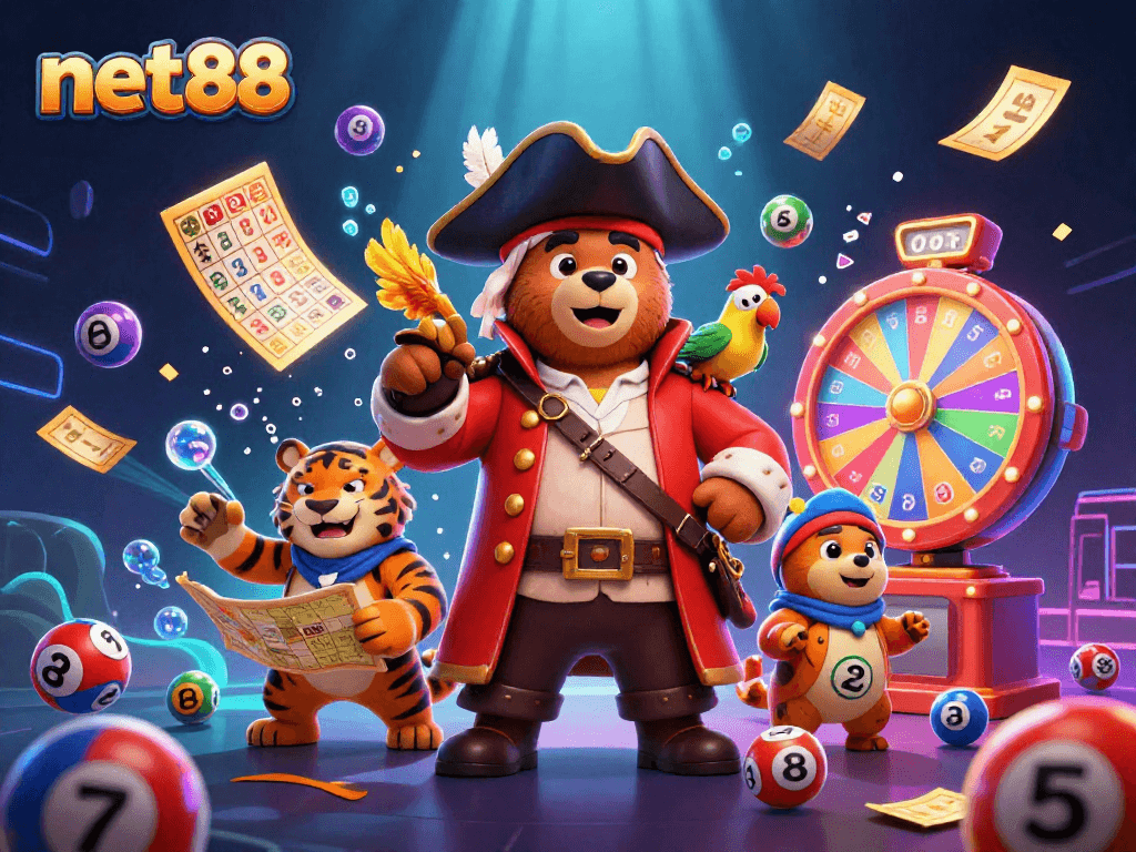 Engage with net88's thrilling lotto game featuring vibrant characters amidst exciting casino elements.
