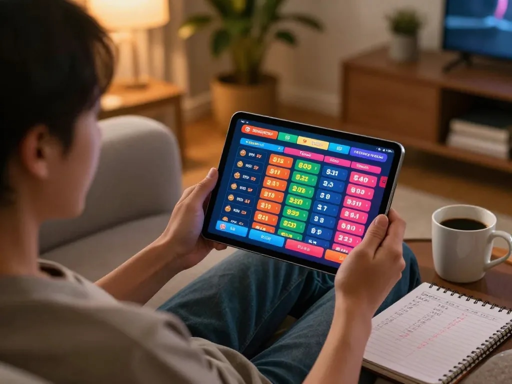 Engaging in Togel Singapore gameplay on a tablet in a cozy home setting