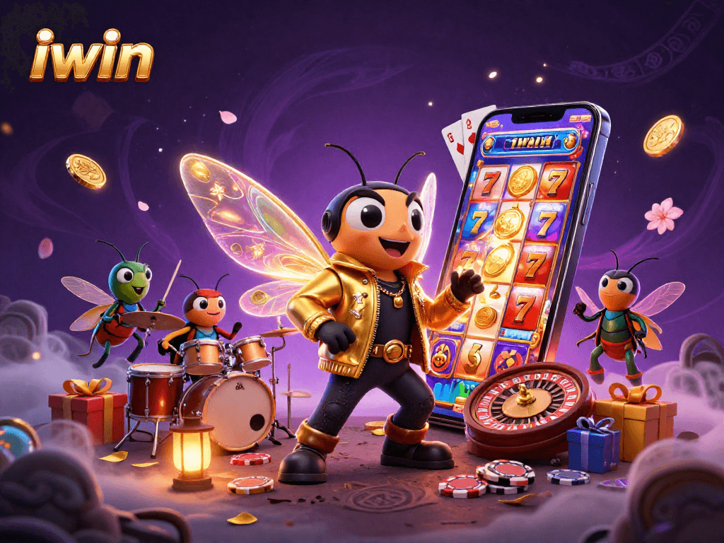 Engage with iwin slots through animated characters in a vibrant casino scene.