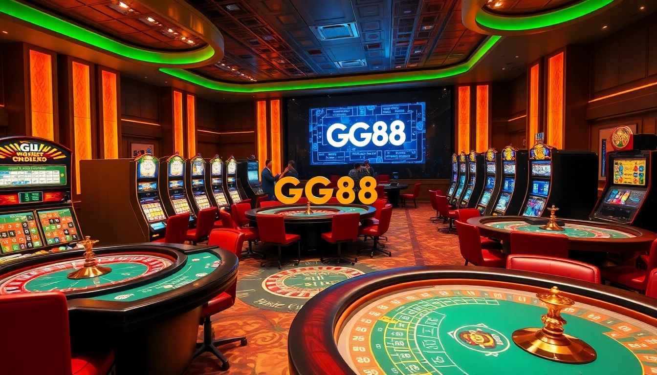 Experience the excitement of gambling at GG88 with vibrant gaming tables and slot machines.