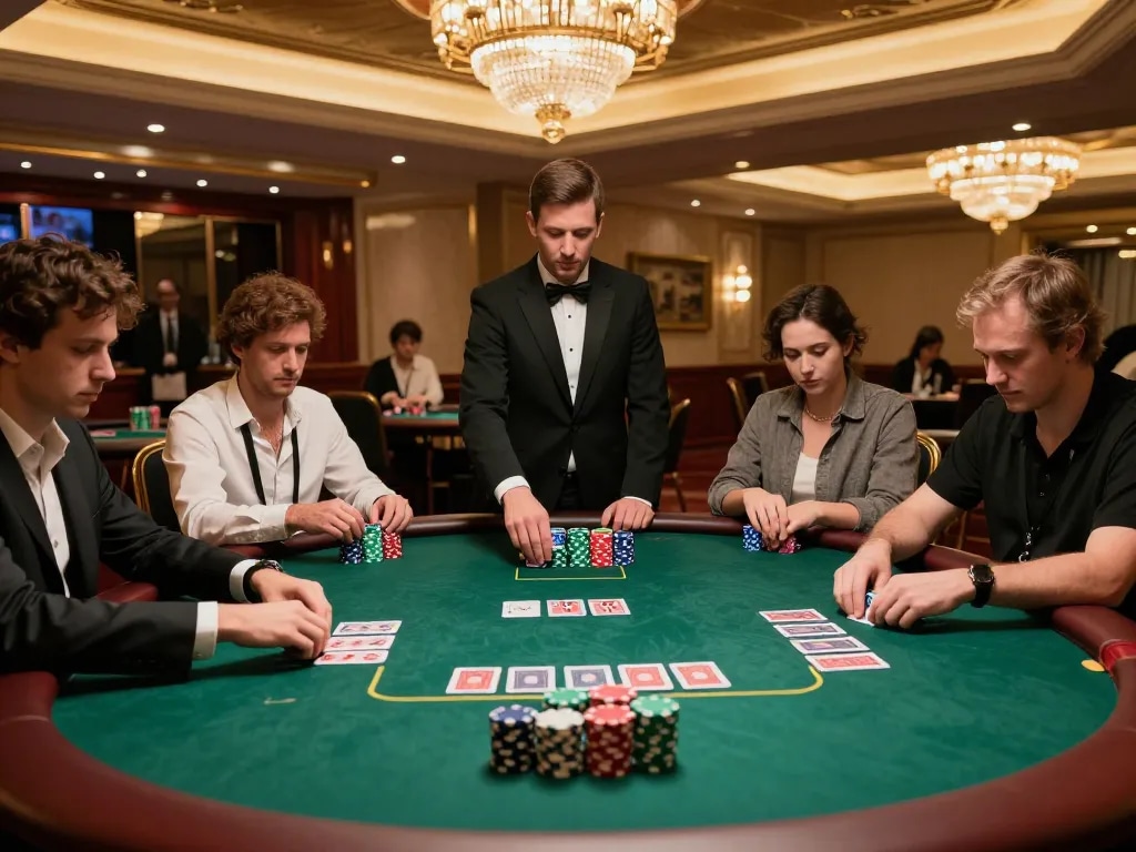Players engaged at a luxurious poker table, highlighting nhà cái uy tín in upscale gaming.
