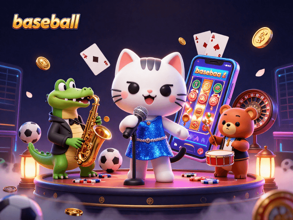 Engaging baseball scene with a jazz-singer cat, crocodile, and bear cub amidst dynamic casino elements.