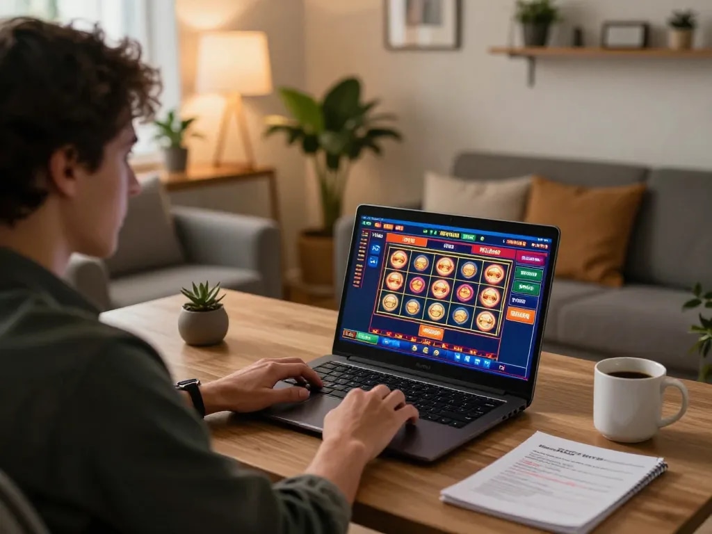 Engaging online casino session at home using w188 com, player immersed in vibrant gaming action.