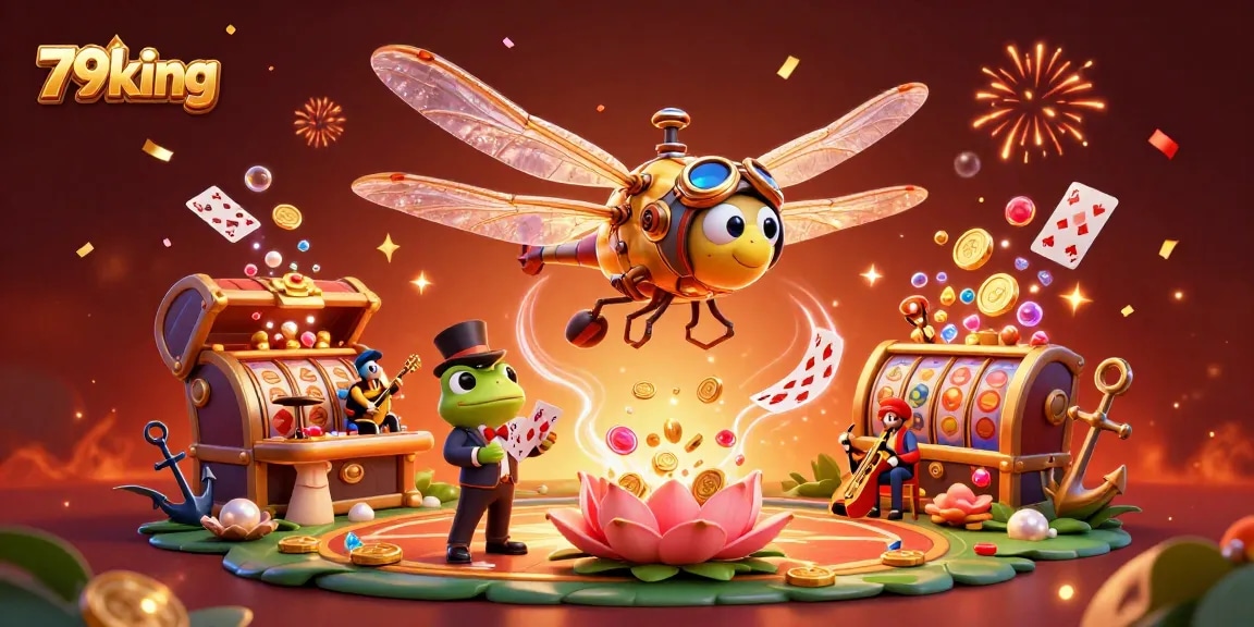 79king casino scene with a dragonfly pilot and frog croupier amid floating cards and fireworks.