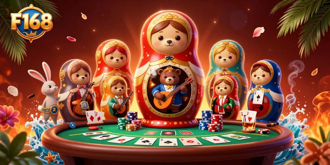 Experience thrilling poker action at F168 with adorable cartoon characters and casino elements.