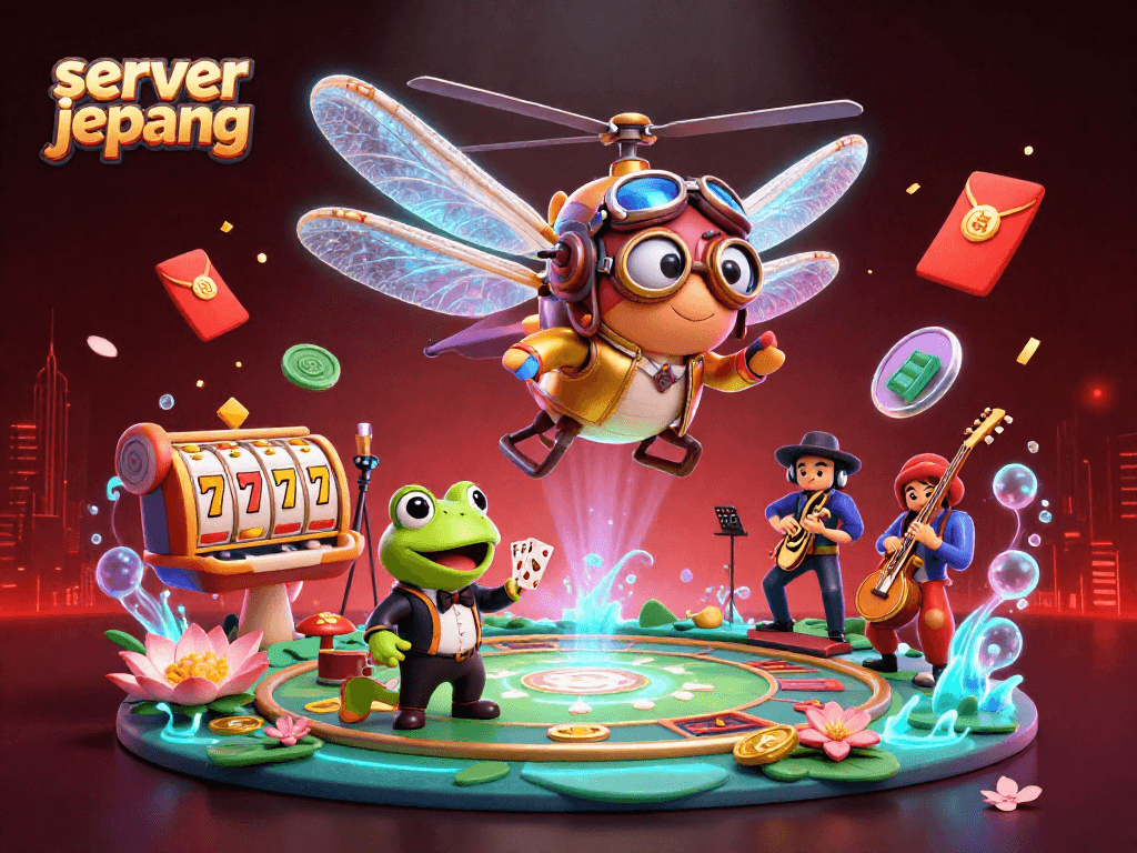 Play exciting slot games on server jepang, featuring vibrant 3D characters and rich casino elements.