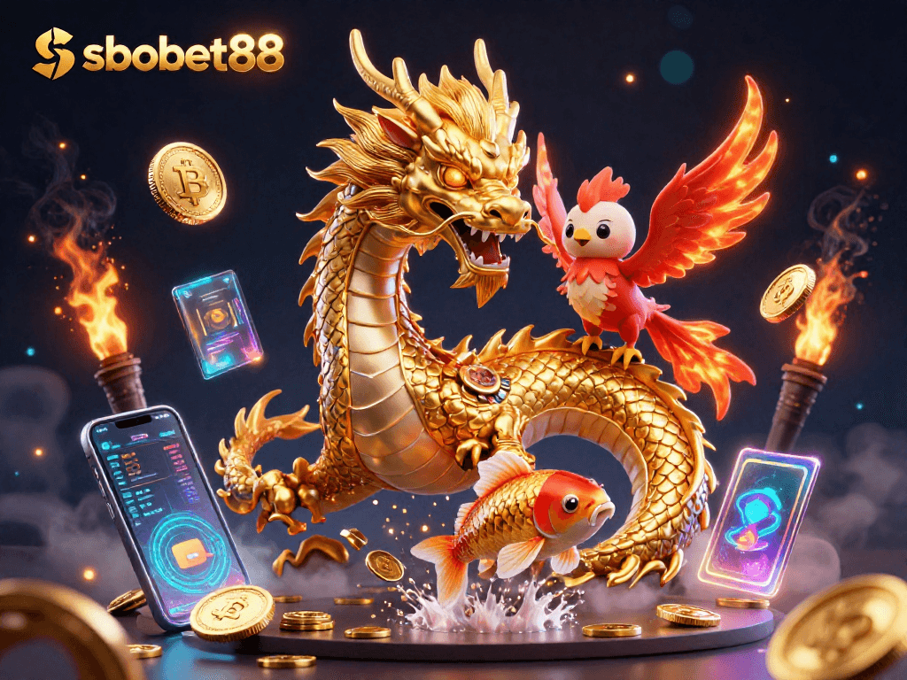 Bet on sbobet88 with a fierce dragon, phoenix, and leaping koi fish, surrounded by vibrant crypto elements.
