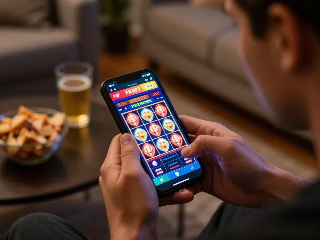 Player engaging with F8 BET mobile casino app, showcasing exciting games in a cozy setting
