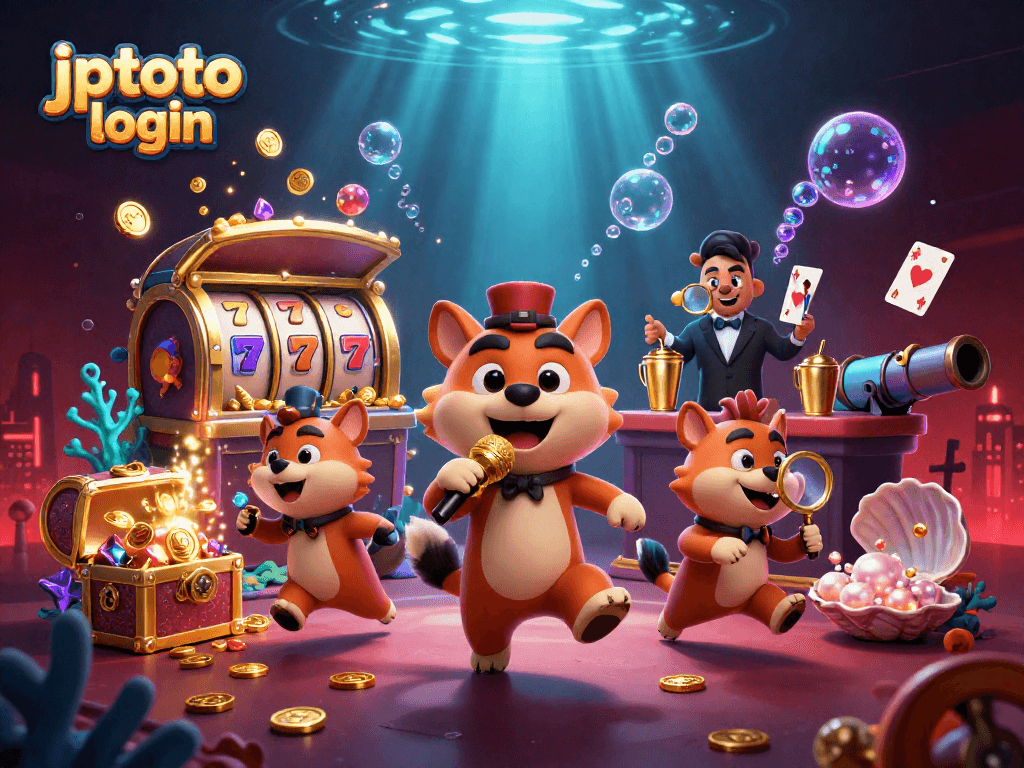 Experience excitement with jptoto login in a packed 3D casino illustration featuring cartoon hyenas in a comedy club.