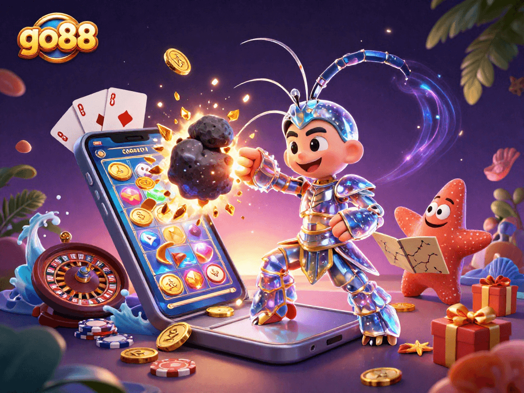 Engage with go88 casino action featuring a galactic samurai shrimp amidst slot games and treasures.