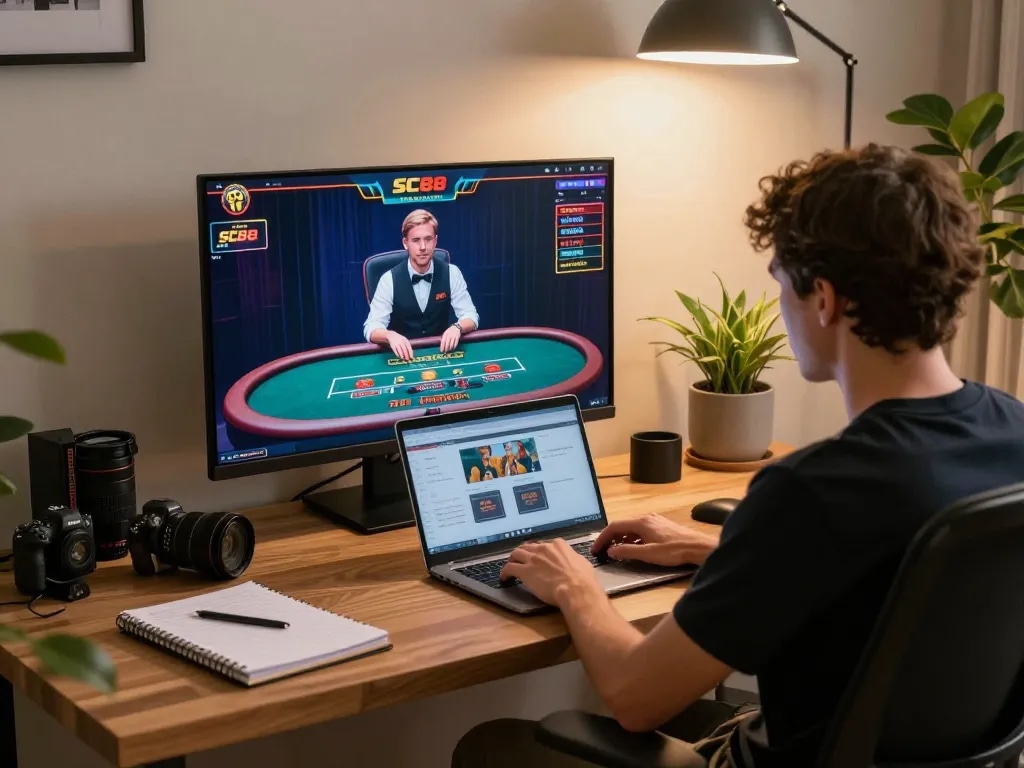 Enjoying online gaming at SC88 with a laptop, live dealer interface, and strategy notes