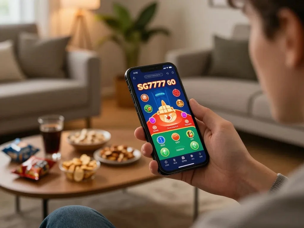 Engaging with SG777 mobile casino app in a cozy setting, showcasing live gaming excitement
