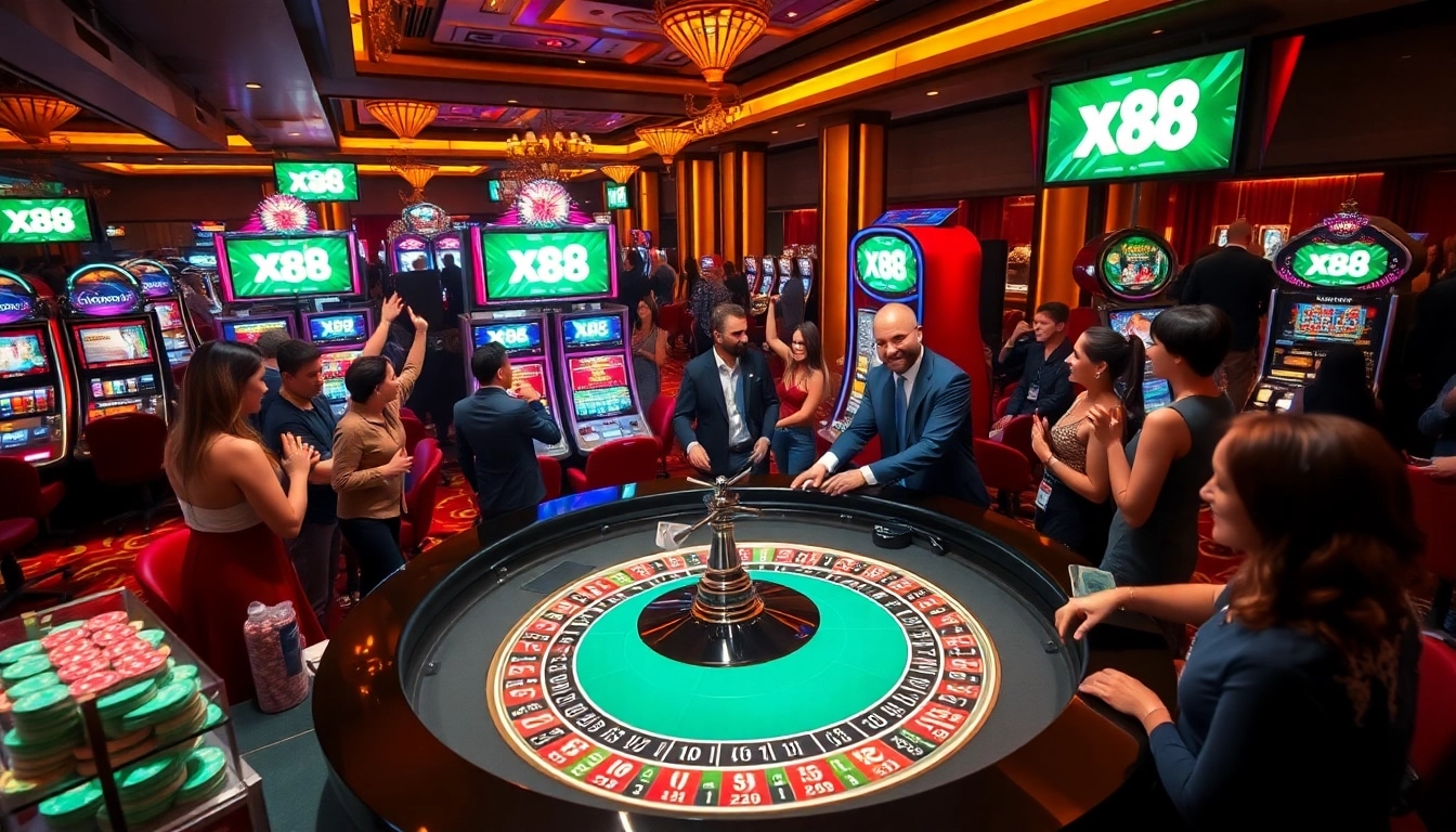 Xx 88 engages players with vibrant casino games, featuring roulette, poker chips, and slot machines.