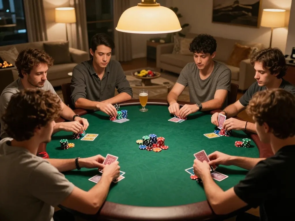 Engaged players in a home poker game showcasing Canadian online casinos excitement, chips and cards in action.