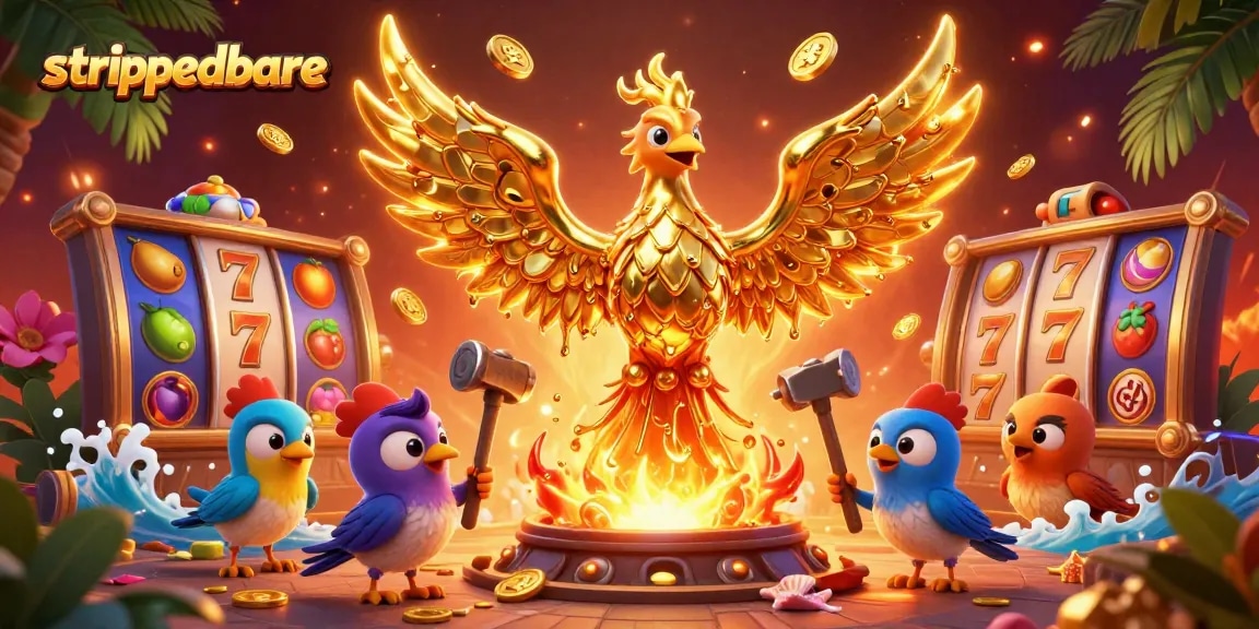 Permainan slot online menyenangkan dengan phoenix emas di strippedbare, simbol keberuntungan tersebar di sekitar.