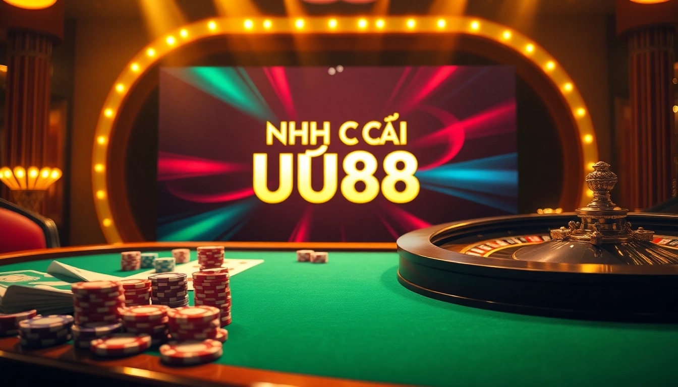Experience the thrill of NHÀ CÁI UU88 at a luxurious casino with vibrant tables and games.
