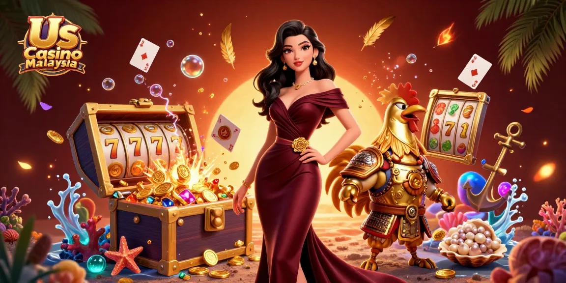 Experience the vibrant world of Us Casino Malaysia with a glamorous woman and a golden rooster warrior among dynamic gaming elements.