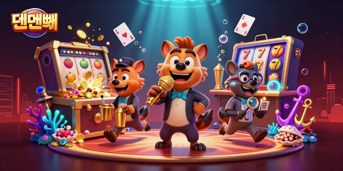 Experience the excitement of 텐텐벳 with hyenas in a vibrant casino scene featuring slots and laughter.