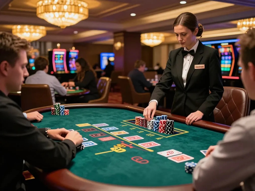 Players engaged in blackjack at go99com's upscale casino table, vibrant atmosphere.