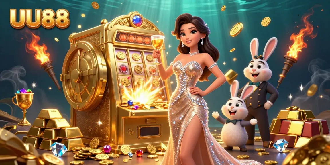 Play exciting games at UU88 with a glamorous woman celebrating beside a jackpot slot machine.