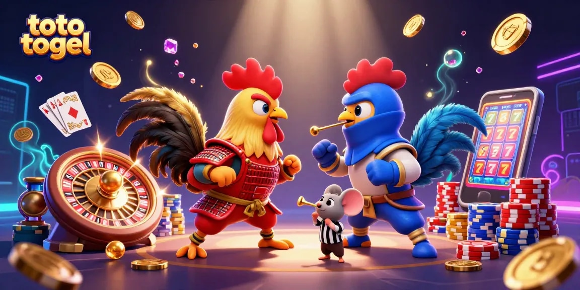 Experience the excitement of toto togel with dynamic action featuring roosters in 3D combat, coins and gems flying.