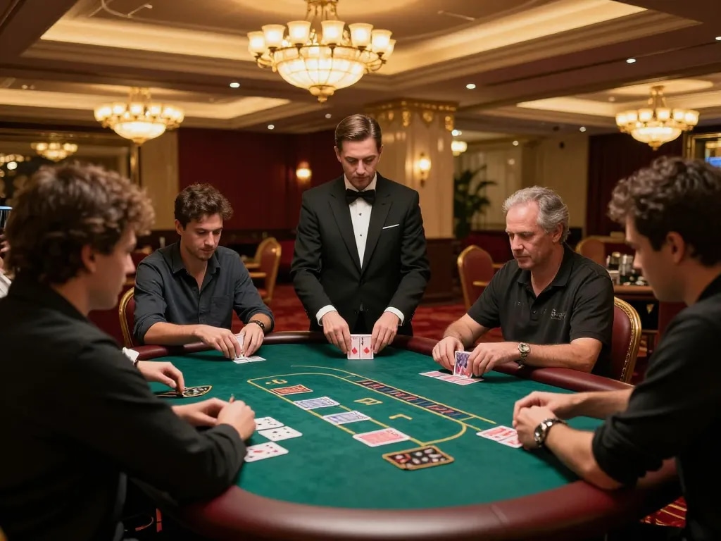 Trò chơi poker căng thẳng tại Rikvip với những người chơi tham gia trong không gian casino sang trọng