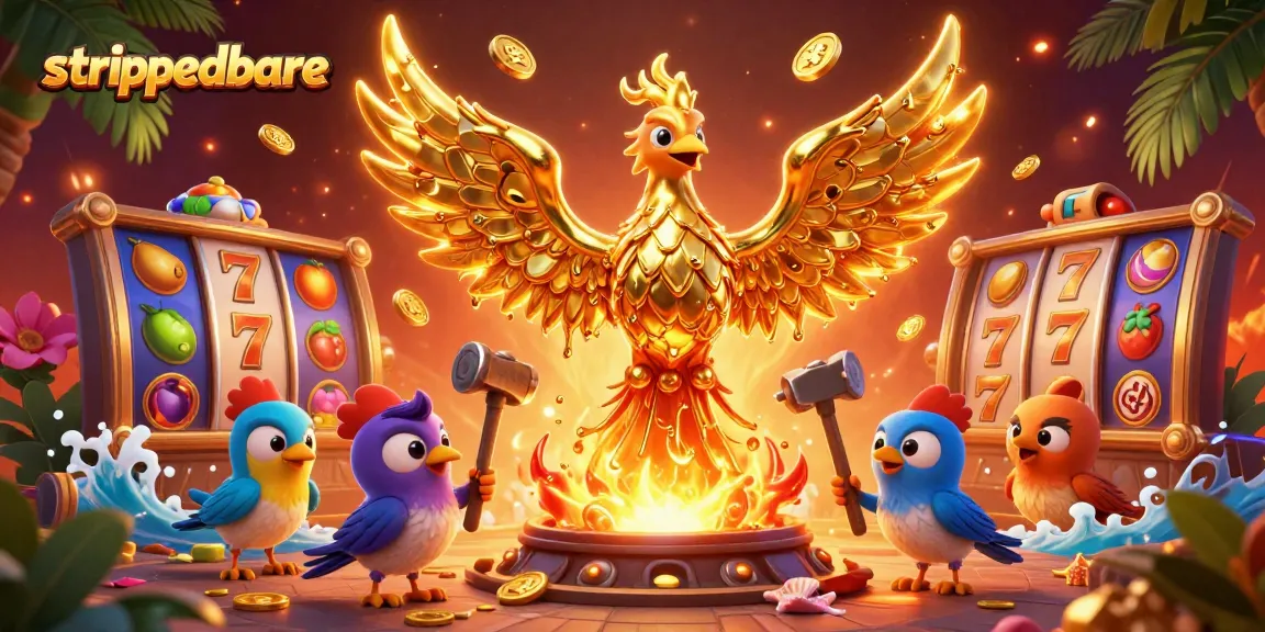 Permainan slot online menyenangkan dengan phoenix emas di strippedbare, simbol keberuntungan tersebar di sekitar.