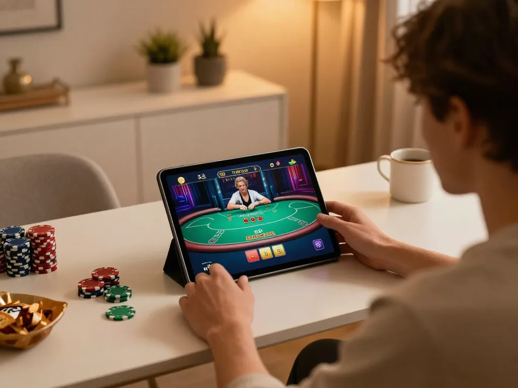 Engaging gaming experience at af88 with live dealer poker on a tablet, cozy home setup.