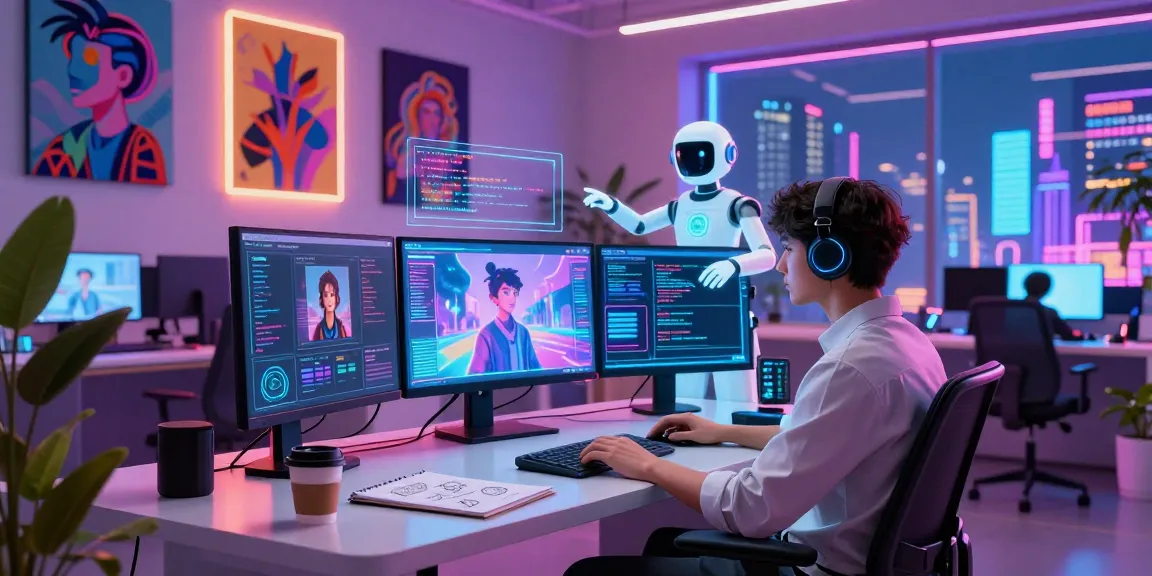 NSFW AI developer at a futuristic desk with holographic displays.