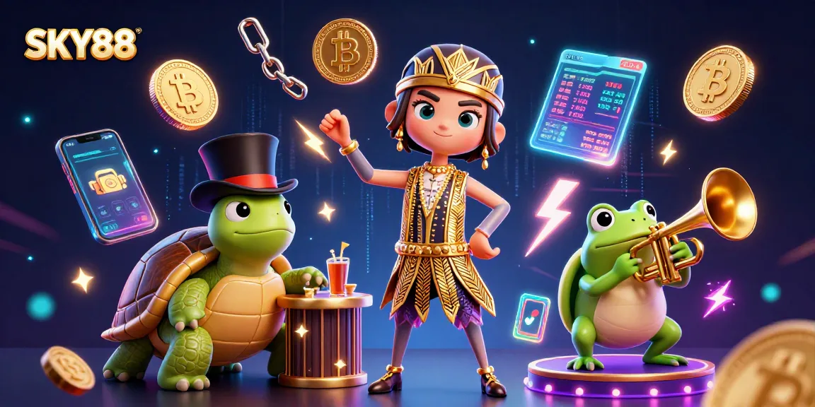 Promote your SKY88 gambling experience with vibrant casino characters and crypto elements.
