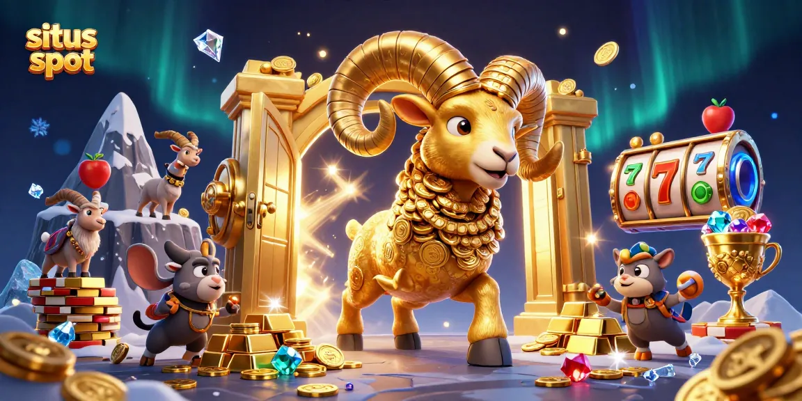 Experience excitement at situs slot with a golden ram charging through a treasure vault amidst shimmering gems.