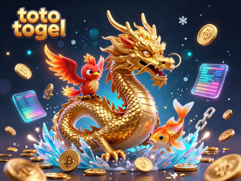 Engage in exciting toto togel action with a fierce golden dragon and 3D characters surrounded by sparkling coins and crypto elements.