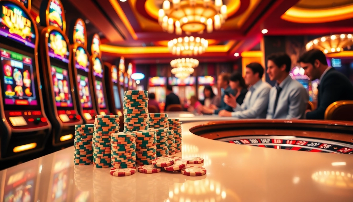 Engage with slots777 at a luxurious casino featuring vibrant slot machines and poker chips.