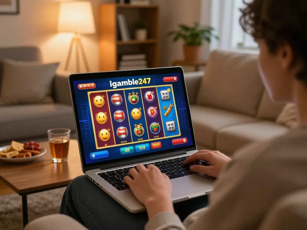 Igamble247 Slot gameplay on a laptop in a cozy living room, showcasing vibrant graphics and a relaxed atmosphere.