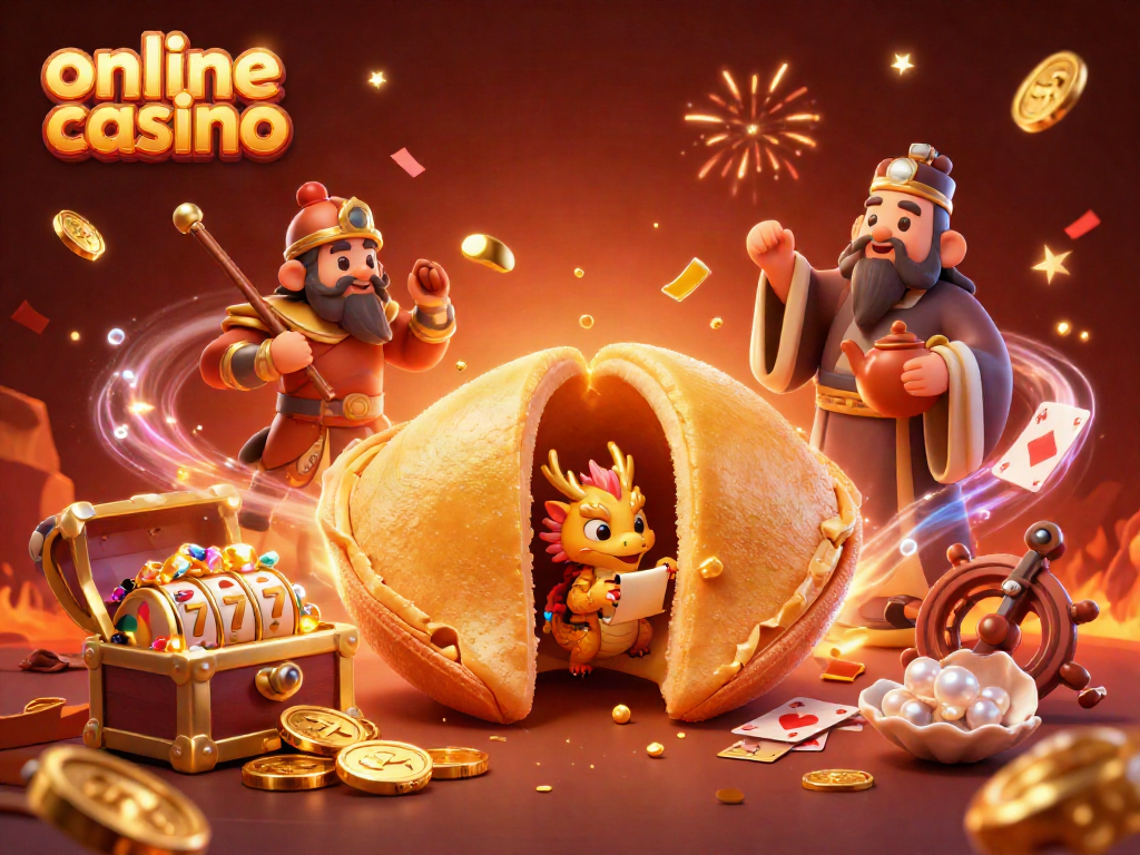 Experience the thrill of an online casino with a vibrant and dynamic illustration filled with fortune cookies and exciting game elements.