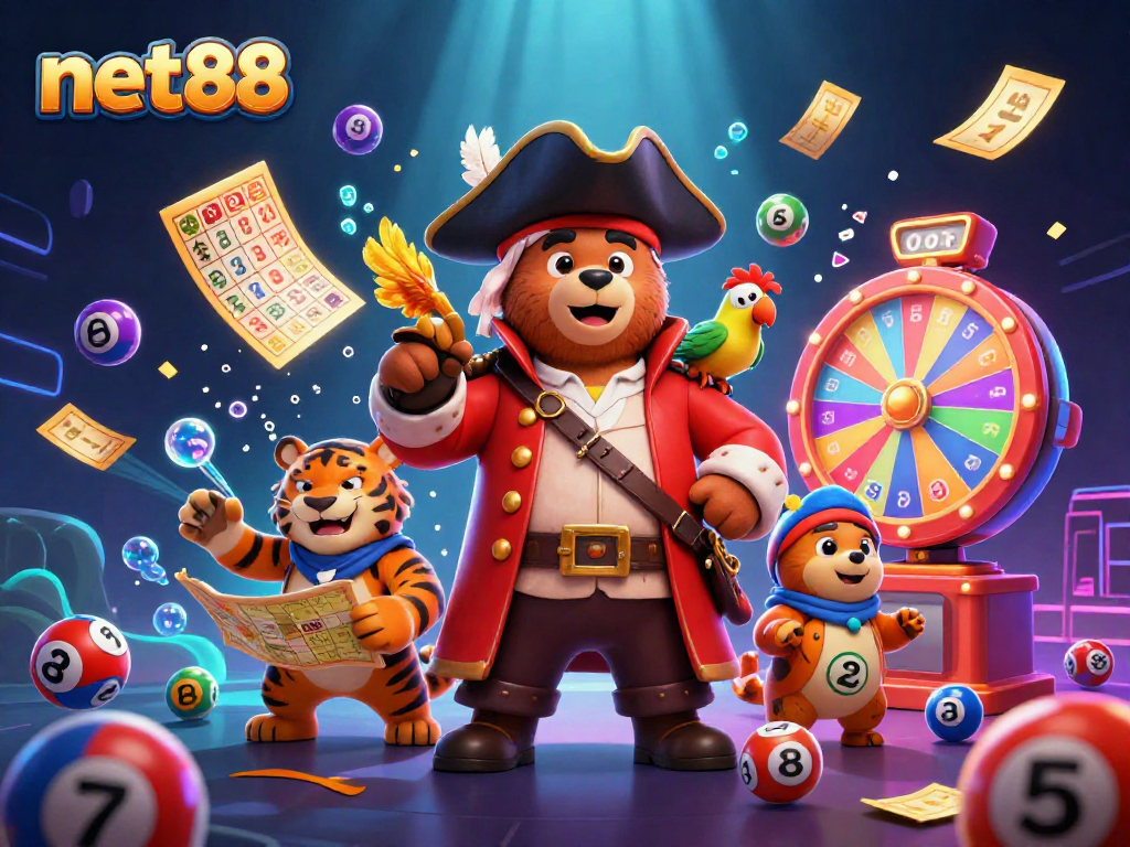 Engage with net88's thrilling lotto game featuring vibrant characters amidst exciting casino elements.