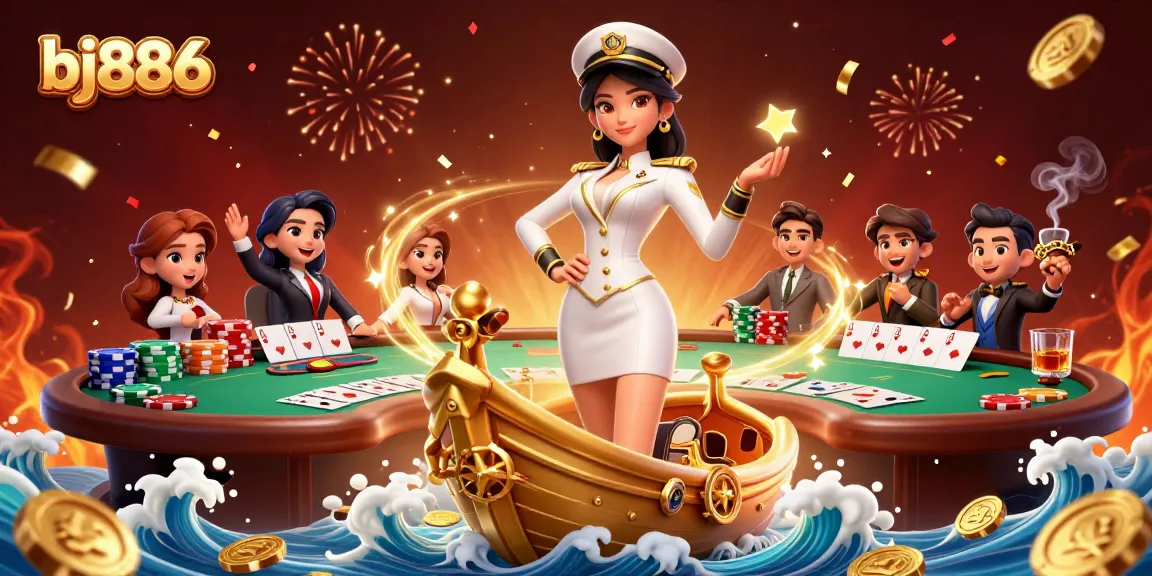 Experience exciting gameplay at bj886, featuring a vibrant 3D scene with poker games and celebration.