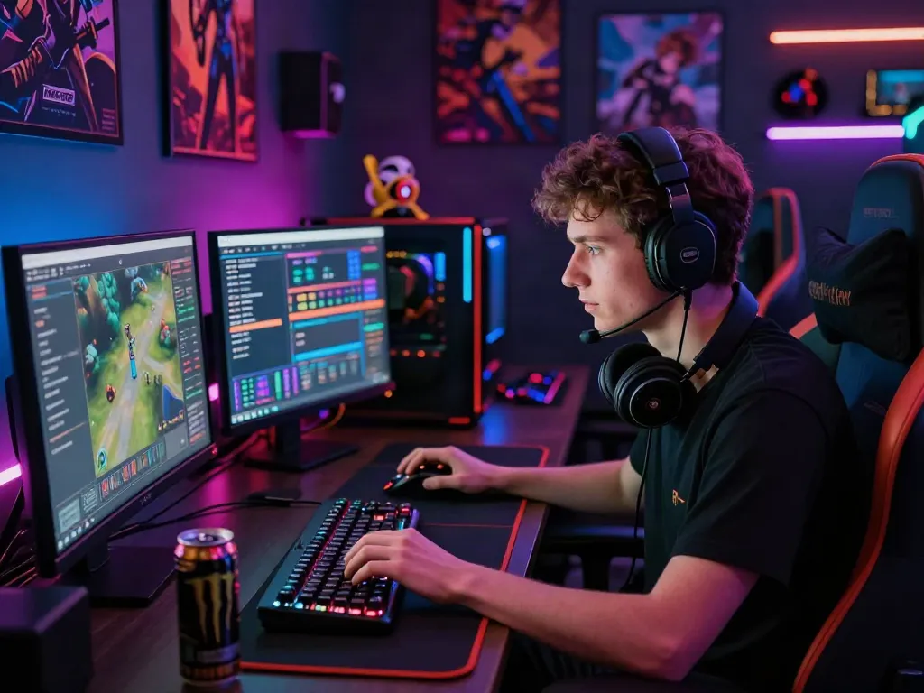 Gamer immersed in action playing akunjp online games with vibrant LED lights.