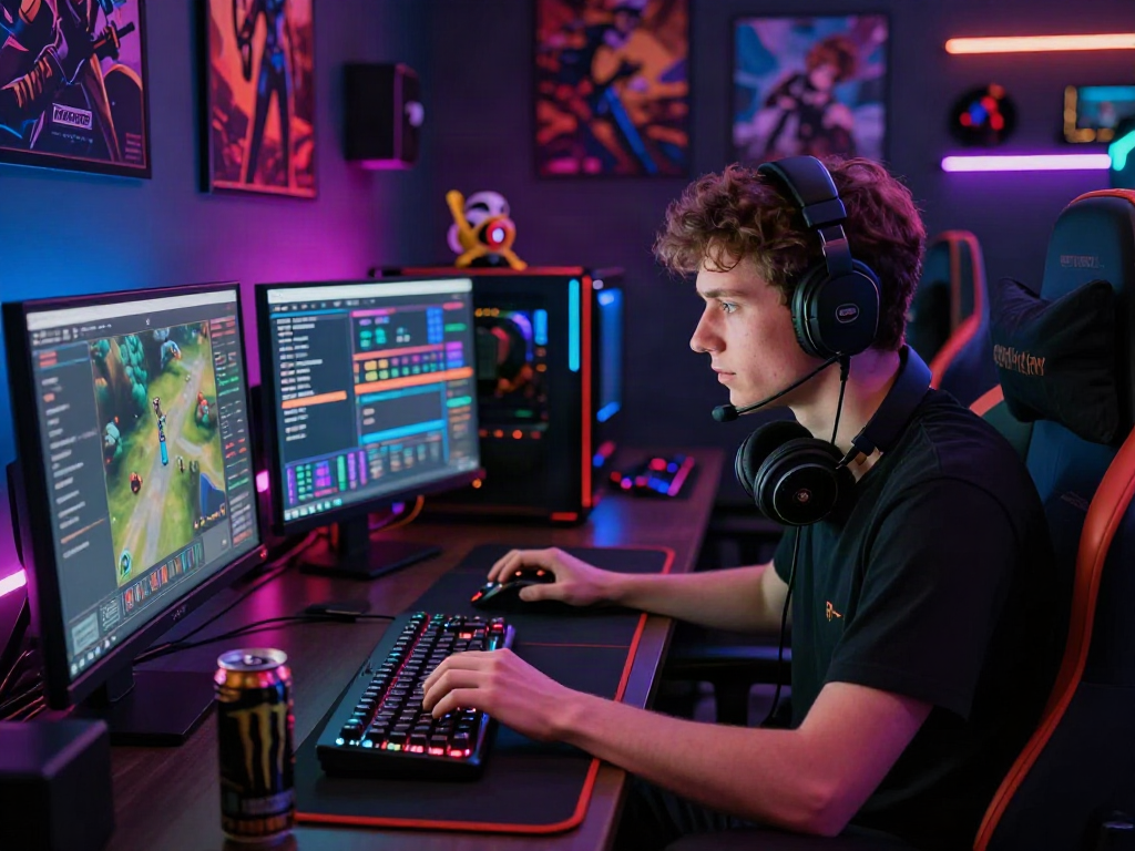 Gamer immersed in action playing akunjp online games with vibrant LED lights.