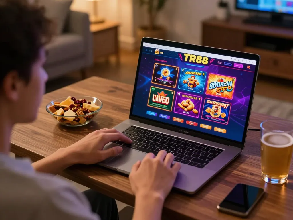Engaging gaming session on TR88 while enjoying a cozy home setup with a laptop