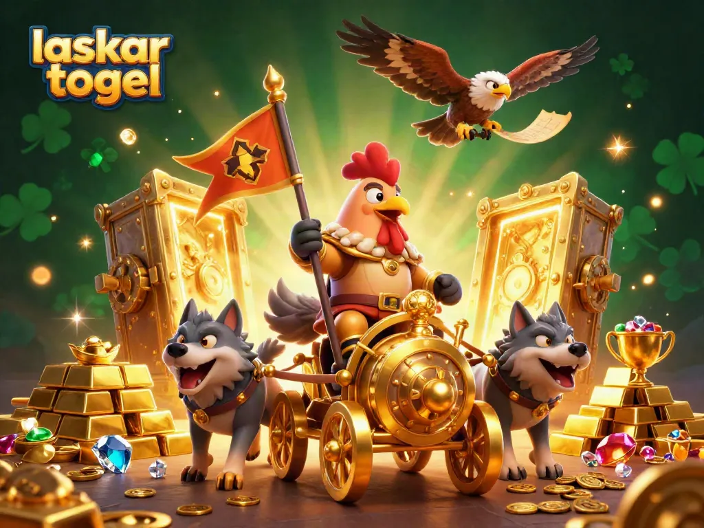 Laskar togel gameplay scene featuring a cartoon rooster warlord commanding gold treasures with dynamic elements.
