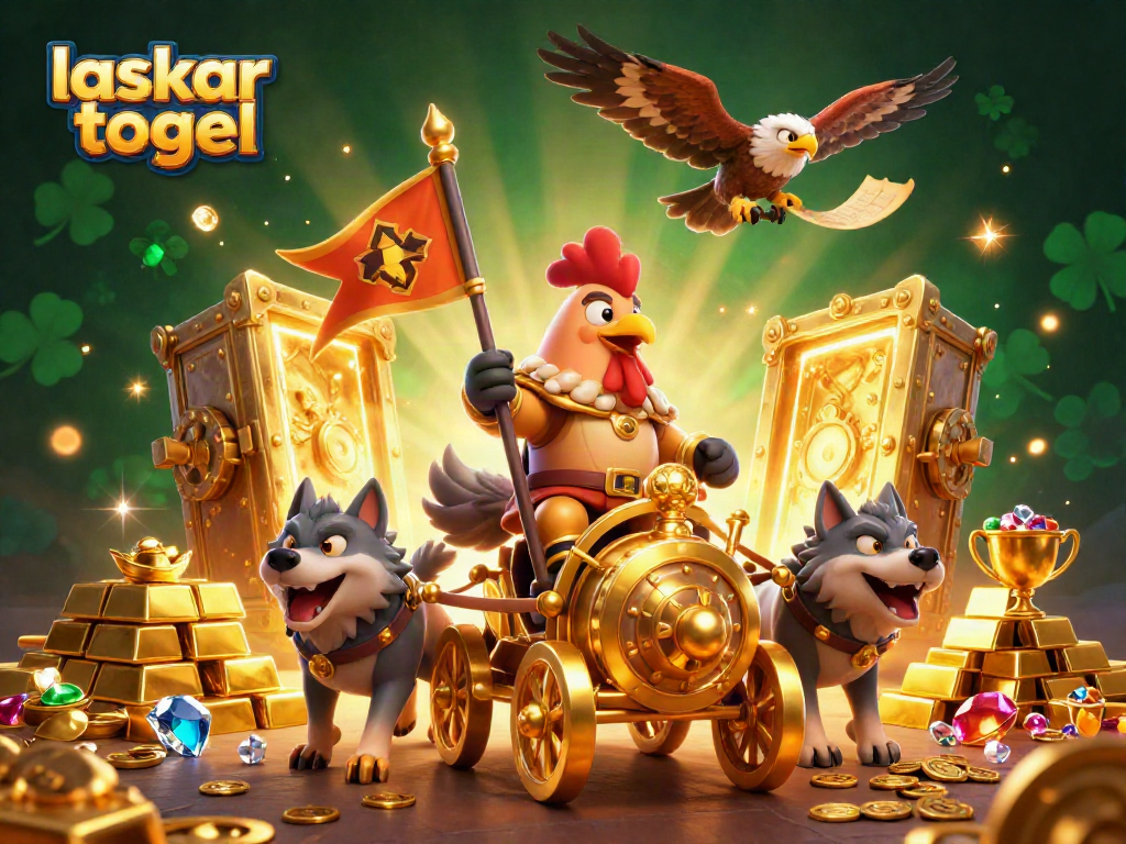 Laskar togel gameplay scene featuring a cartoon rooster warlord commanding gold treasures with dynamic elements.