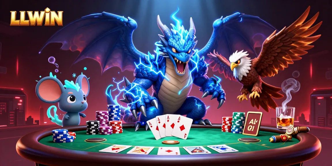 LLWIN unleashes excitement with a powerful dragon, hawk, and mouse at an energetic poker table.