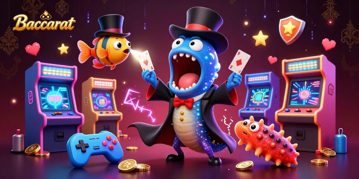 Baccarat scene depicting a bioluminescent eel performing card tricks, surrounded by colorful casino elements.