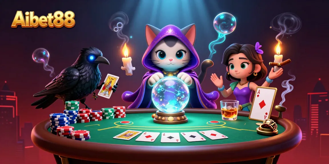Aibet88 sparks excitement with a vibrant poker scene featuring mystic characters and dynamic casino elements.