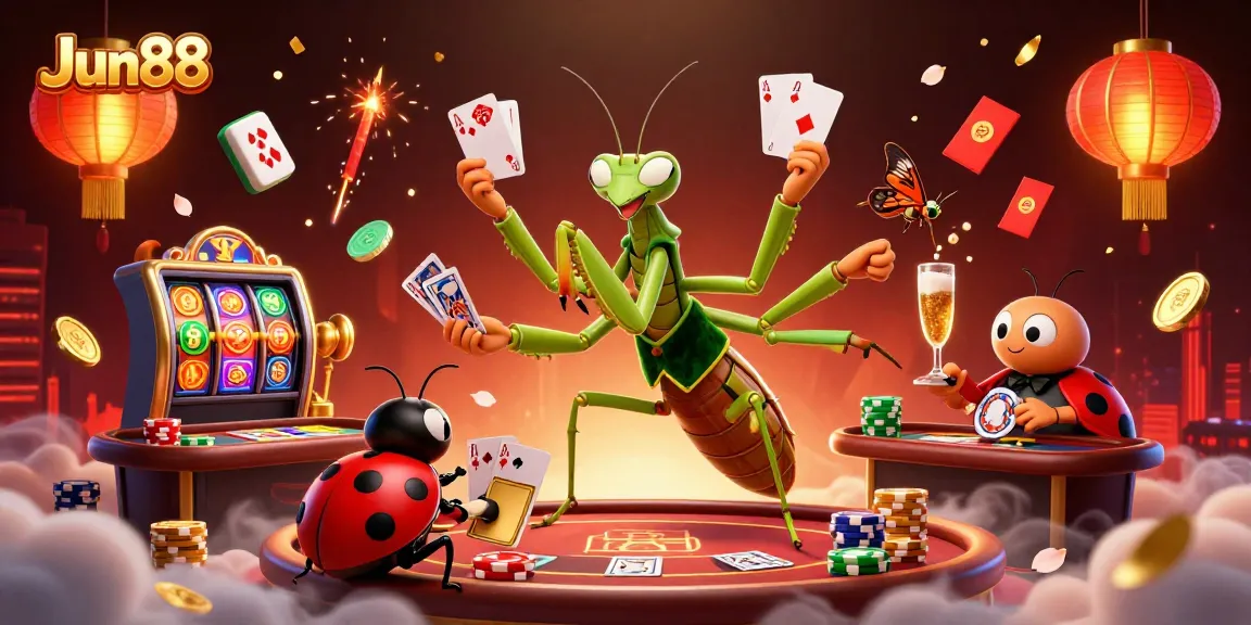 Engage in exhilarating games at Jun88 with a 3D cartoon giant mantis dealing cards and vibrant casino elements.