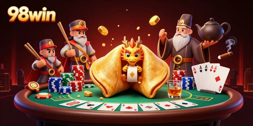 Engage with 98win's vibrant casino atmosphere featuring a wise dragon and golden fortune cookie elements.