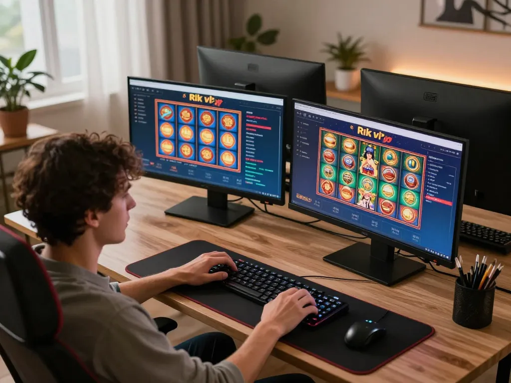 A player strategizing on the Rik vip online casino, showcasing a vibrant gaming setup with multiple screens.